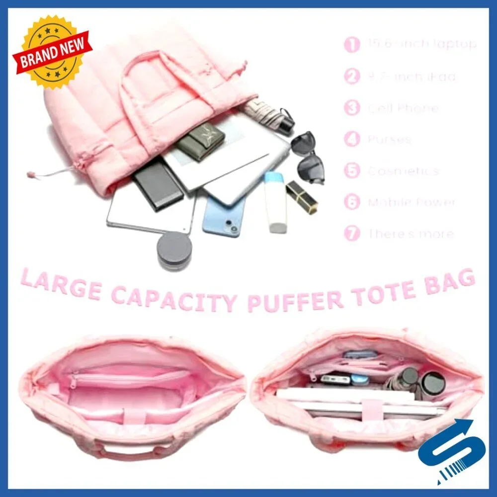 Lightweight Puffer Tote Bag with Compartments for Work and Travel